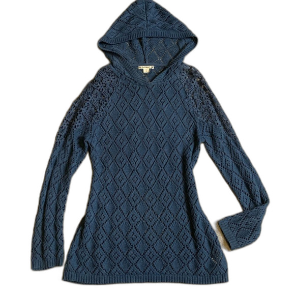 Ruff Hewn Sweaters - Y2K Hooded Lose Knit Long Sweater Lace Shoulders Slate Blue Medium Ruffhewn